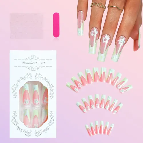 Dos Cajas De Uñas Postizas De Flores Verdes Hechas A Mano