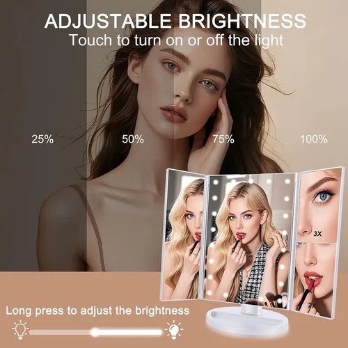 Espejo Para Maquillaje Triptico Con Aumento Y Luz Led Blanco