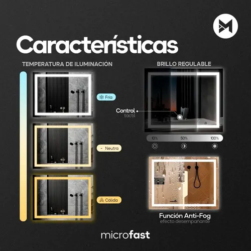 Espejo Luz Led Touch/Táctil Inteligente Baño Premium Desempañante Fría/Cálida/Neutra Rectangular Horizontal Moderno 80x60cm Esmerilado Regulación de Brillo