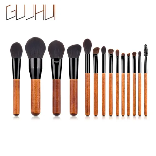 Set De 14 Pinceles De Maquillaje Pincel De Polvo Madera Roja