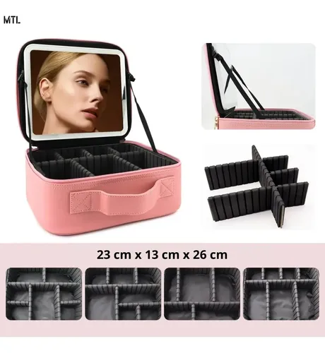 Organizador Mtl Portátil Luz Led Espejo Accesorios Pu Viajes