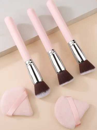 3 Pinceles De Maquillaje Rosas Y Plateados+borla Triangular