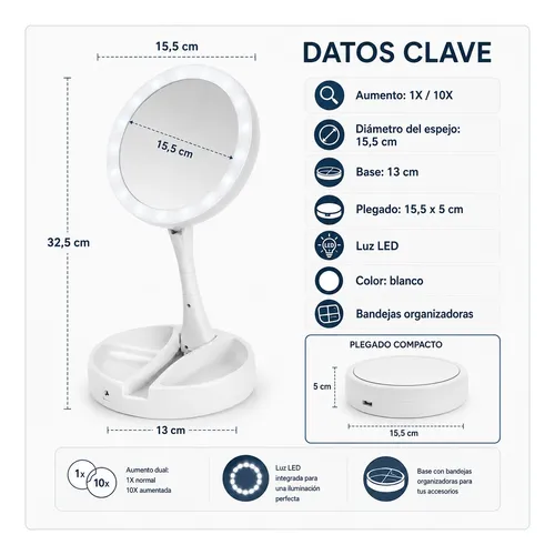 Espejo Redondo Led Plegable Con Aumento 10x Y Organizador