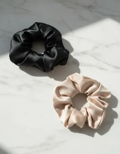 Scrunchie Colita Negra Y Beige Satén Premium Anti Frizz X2
