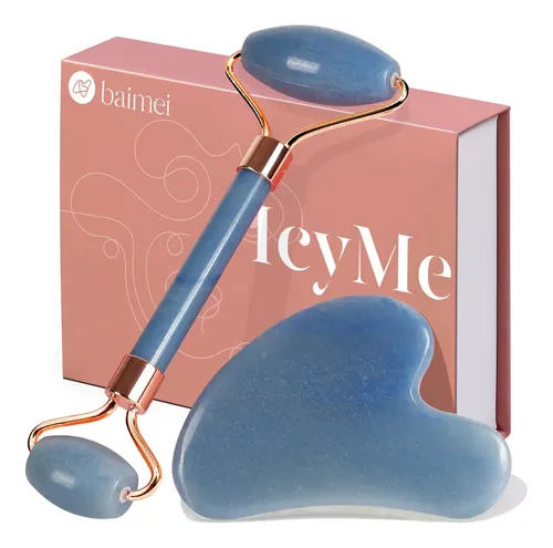 Set Masajeador Facial Baimei Rodillo Y Gua Sha Azul