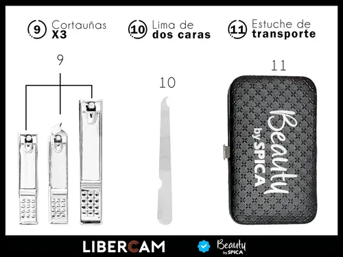 Set Manicura Pedicura Estuche 11 Piezas BEAUTY BY SPICA MANI-10 Corta Uñas Tijera + Estuche Color Plateado