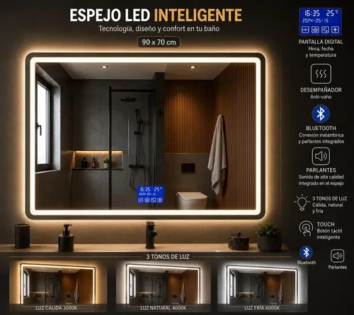 Espejo Inteligente Led Con Pantalla Multifunción, Bluetooth