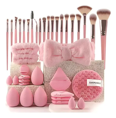 Set 40 Brochas Y Esponjas For Maquillaje Profesional Rosa
