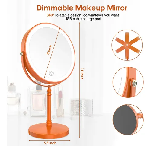 Espejo De Maquillaje Con Luz Led 1x 10x Recargable Naranja