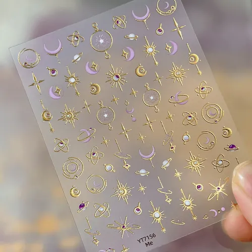 Pegatinas De Uñas Con Estampado Dorado De Estrellas, Luna Y