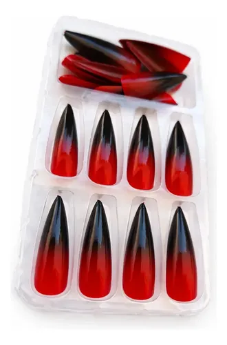 Uñas Press On Stiletto Largas Reutilizables Diseños Rojo Fuego Degradé Negro