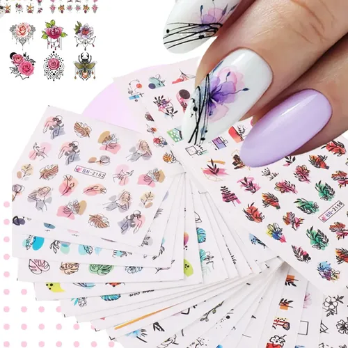 10 Planchas Stickers Al Agua Tatoo Deco Nails Lefemme