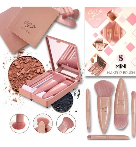 Set Brochas De Maquillaje X5 Estuche Y Espejo Portatil