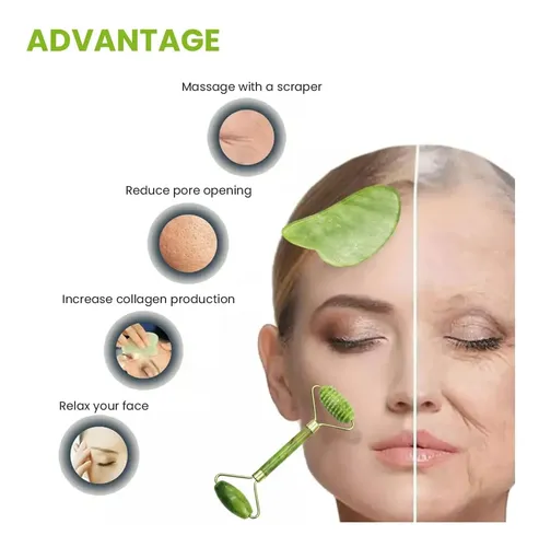 Set Masajeador Facial Gua Sha Y Rodillo Meluvora Verde