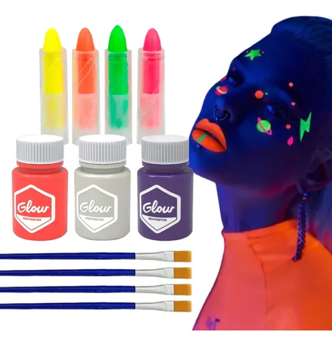 Combo Kit Maquillaje Neon Fluo Corporal Brilla Luz Uv