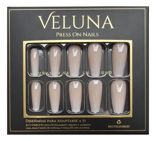 Uñas Press On Nails Veluna Reutilizables Diseños Variados Color Nude Latte Coffin