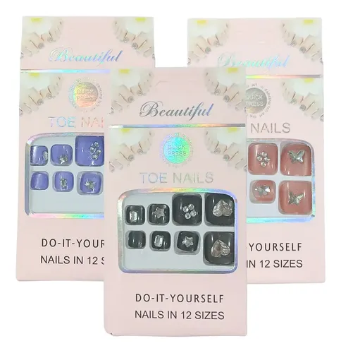 Uñas Postizas Cuadradas Ojo De Gato Con Dije P/pies 12pcs