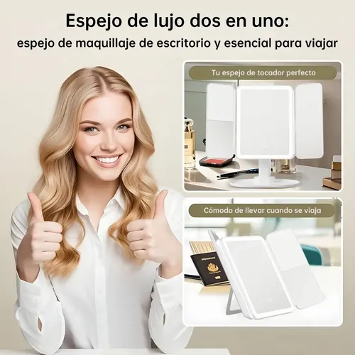 Espejo De Maquillaje Led Con 3 Espejos Plegables Y Luz C