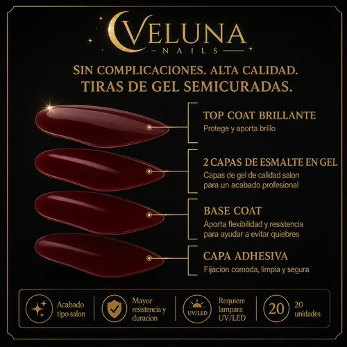 Veluna Tiras Gel Uñas Autoadhesivas Semicuradas Uv X20u