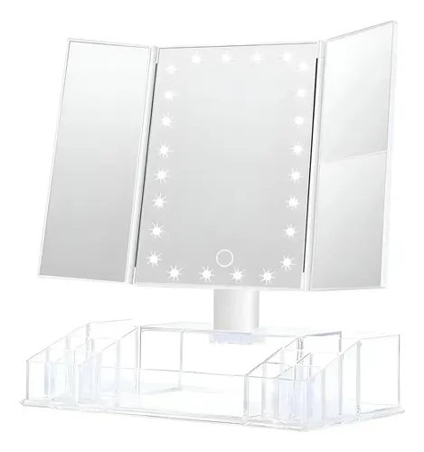Espejo Maquillaje Led Con Organizador Aumento 2x 3x Plegable