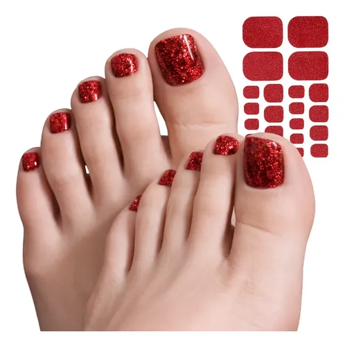 Tiras De Uñas Gel Para Pies Autoadhesivas 22u – No Necesita Lampara UV – Rojo Glitter