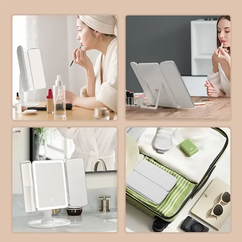 Espejo De Maquillaje Led Con 3 Espejos Plegables Y Luz C