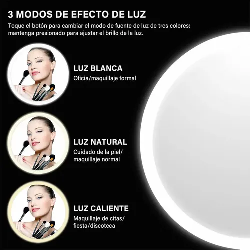 Espejo Redondo Con Base Y Luz Led 3 Tonos Recargable Usb