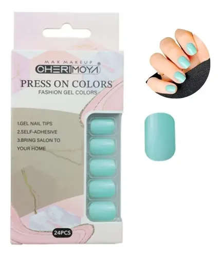 Press On Nails Oval Cortas Kit Uñas Postizas Con Adhesivo Color Turquesa