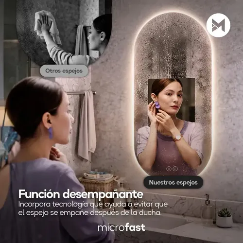 Espejo Luz Led Touch/Táctil Inteligente Baño Premium Desempañante Fría/Cálida/Neutra Ovalado Moderno 50x100cm Regulación de Brillo Borde