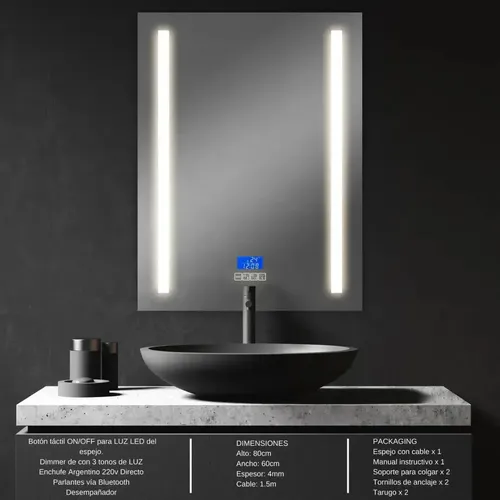 Espejo Inteligente Bluetooth Luz Led Desempañador Baño 80×60 Espejo