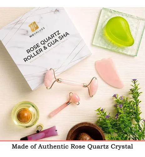 Set de Rodillo Facial y Gua Sha de Cuarzo Rosa Movalues para Cuidado de la Piel