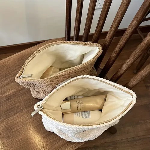Cosmetiquera Bolsa Organizadora De Tela Tejida Marrón