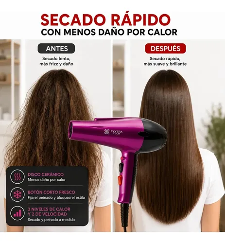 Secador de Pelo Profesional Exxtra Tech 2000W Frío Calor Cerámico 3 Temperaturas 2 Velocidades Aire Frío Boquilla Concentradora Cable Giratorio 360° Violeta