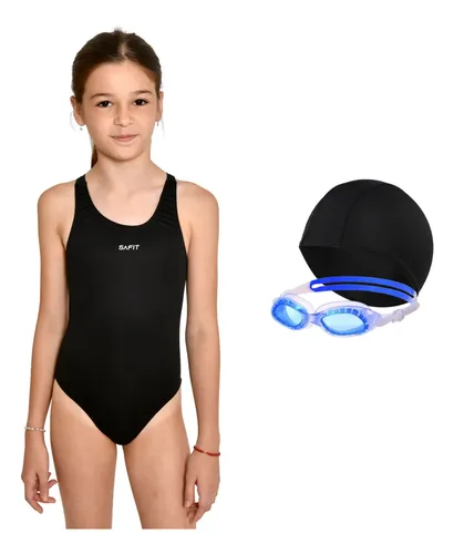 Malla Natacion Nena + Gorro Tela + Antiparras Safit Niña