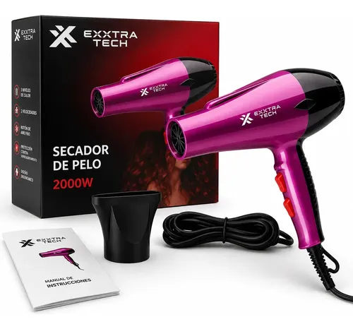 Secador de Pelo Profesional Exxtra Tech 2000W Frío Calor Cerámico 3 Temperaturas 2 Velocidades Aire Frío Boquilla Concentradora Cable Giratorio 360° Violeta