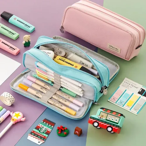 Estuche Organizador Escolar Grande Con 3 Compartimentos Rosa
