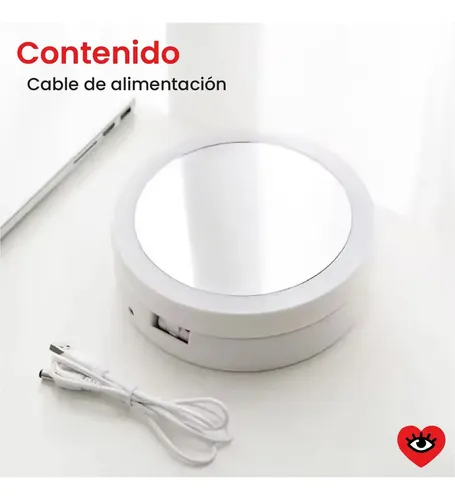 Espejo Plegable Maquillaje Zoom Usb Luz Led Doble Aumento Marco Blanco Veoquiero