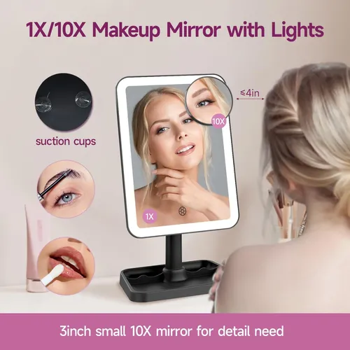 Espejo De Maquillaje Funtouch Con Luz Led 10x Negro