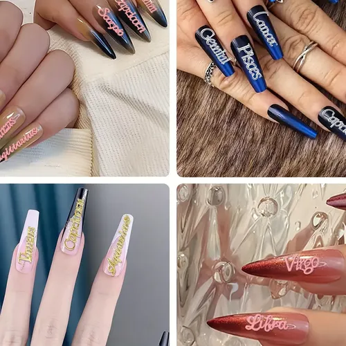 36pcs Letras Uñas Arte Zodiacal Aries Piscis Oro Plata Rosa