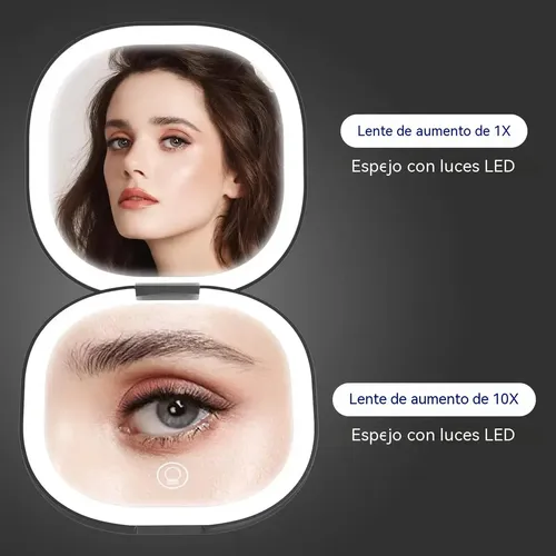 Espejo De Maquillaje Cuadrado Con Luz Led Y Aumento De 10x Bl Negro