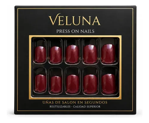 Uñas Press On Cortas Veluna Soft Gel Redondeadas Reutilizables – Borgoña Metalizado