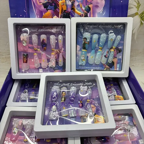 3 Boxes Of Kpop Nail Patch Girls Wear Nail Patches [one Box Each Of Purple + Pink + Blue]