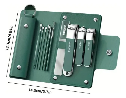 Set Manicura 10 Piezas Con Cortaúñas Y Estuche Verde Oscuro