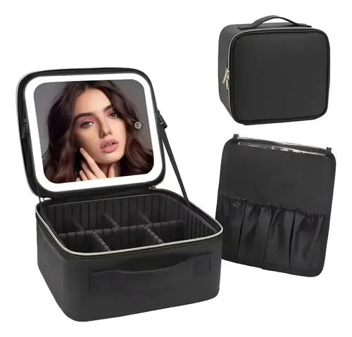 Maletín Neceser Con Luz Led Maquillaje Organizador Espejo Negro