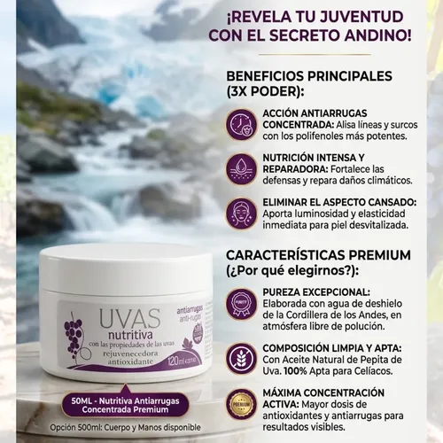 Uvas Crema Nutritiva Antiarrugas 120ml Sin Tacc Antioxidante