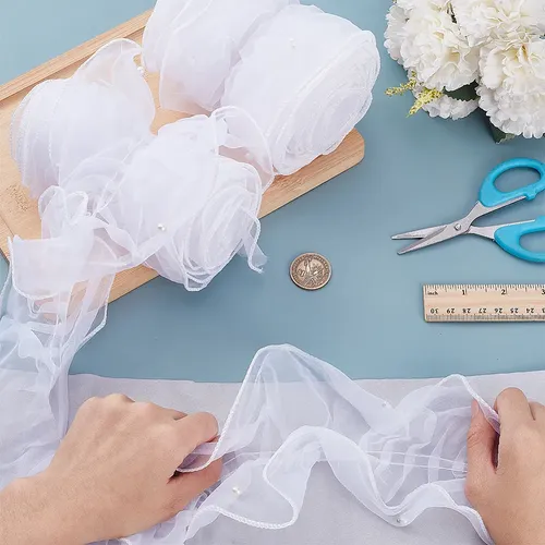 Cinta De Organza De 2 M Con Perlas De Resina Blanco Ruffled With Pearl Beads