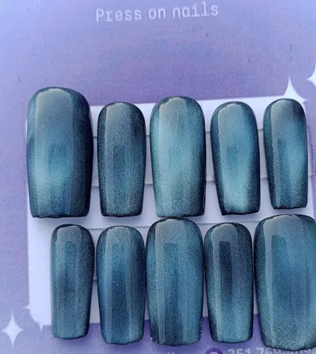 Uñas Press On Cuadradas Media Ojos De Gato Azul