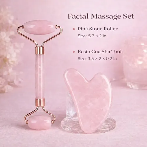 Set Rodillo Y Gua Sha Facial Rosa Para Drenaje Linfático