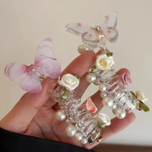 4 Pzas. Ligas Suaves Espirales Con Mariposa Para El Cabello
