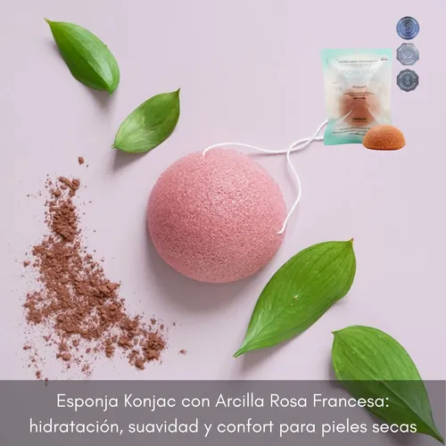 Esponja Facial Konjac Arcilla Rosa Francesa Piel Seca Korea